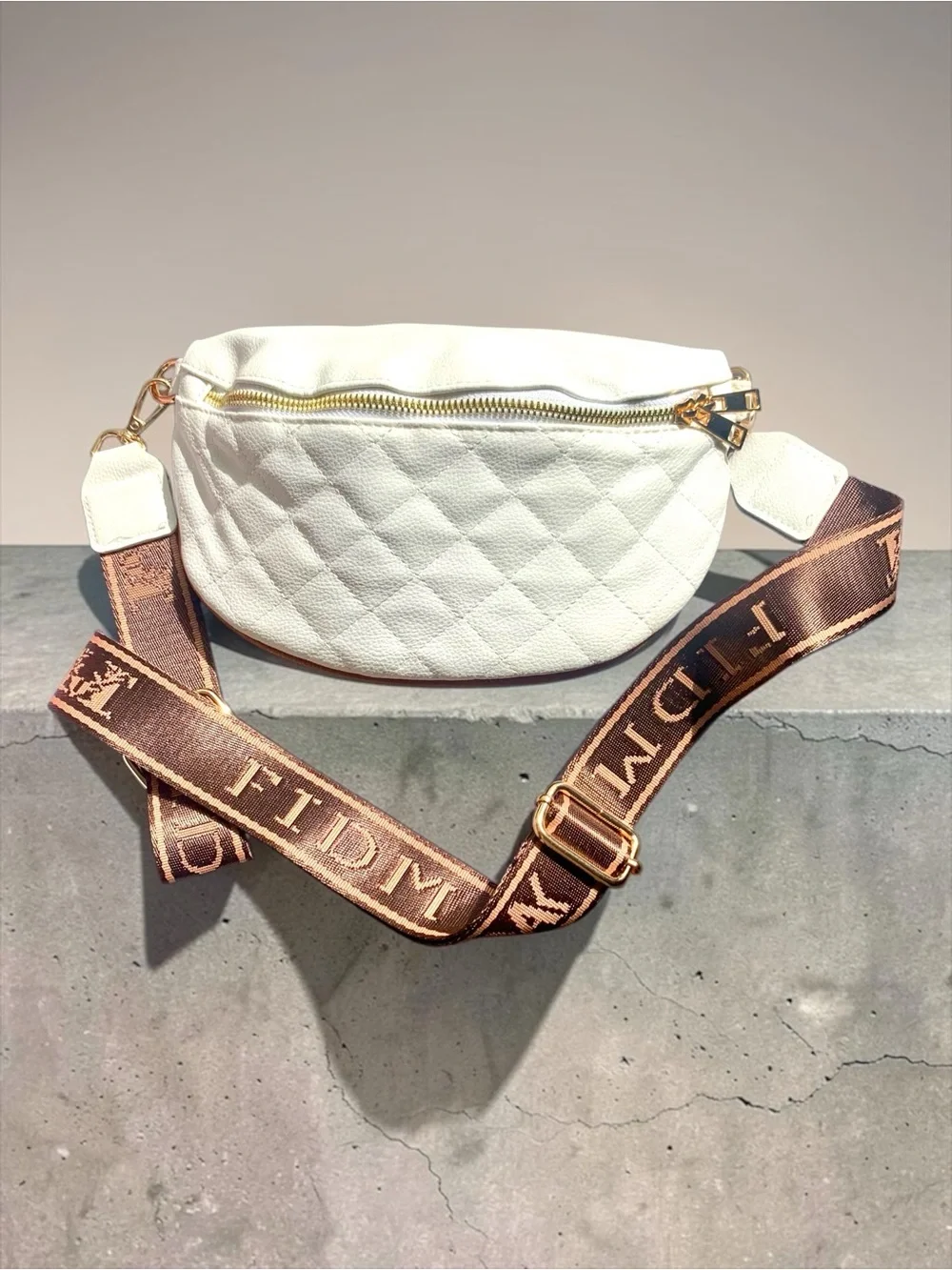 Quilted White Crossbody Belt Bag with Branded Strap. FIDM Brand. NWOT